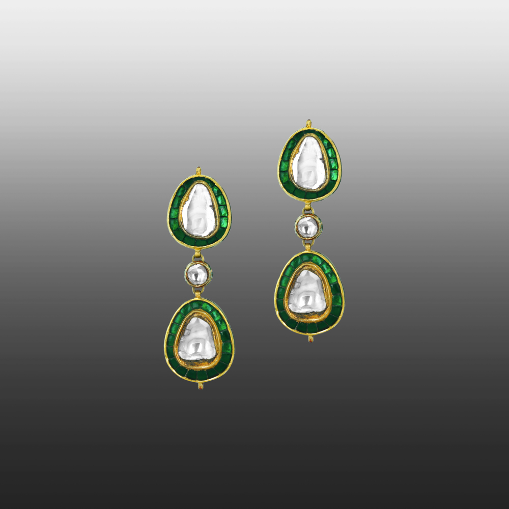 Double-Drop Polki Earrings with Green Chuddi Work
